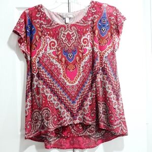 Dana Buchman Paisley Print Red and Blue Women's Top Short Sleeve Size Medium